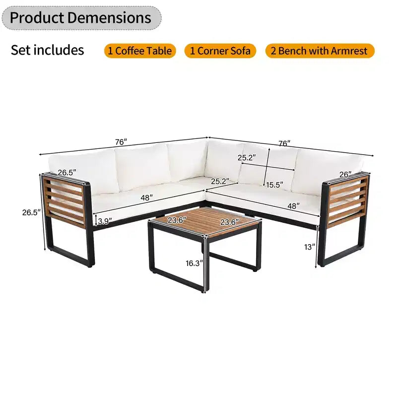 GDFStudio Cameron Patio Modern Acacia Wood & Metal 4-Piece L-Shaped Sectional Sofa Set with Coffee Table and Cushions