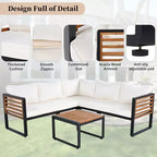 GDFStudio Cameron Patio Modern Acacia Wood & Metal 4-Piece L-Shaped Sectional Sofa Set with Coffee Table and Cushions