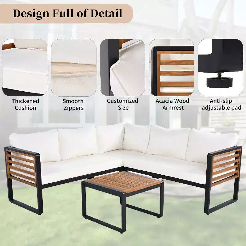 GDFStudio Cameron Patio Modern Acacia Wood & Metal 4-Piece L-Shaped Sectional Sofa Set with Coffee Table and Cushions