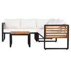 GDFStudio Cameron Patio Modern Acacia Wood & Metal 4-Piece L-Shaped Sectional Sofa Set with Coffee Table and Cushions