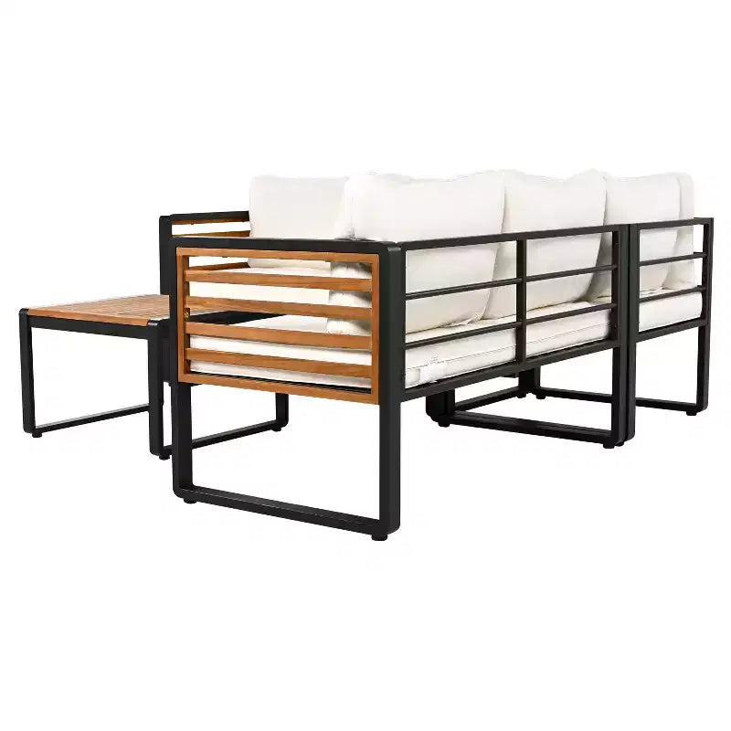 GDFStudio Cameron Patio Modern Acacia Wood & Metal 4-Piece L-Shaped Sectional Sofa Set with Coffee Table and Cushions