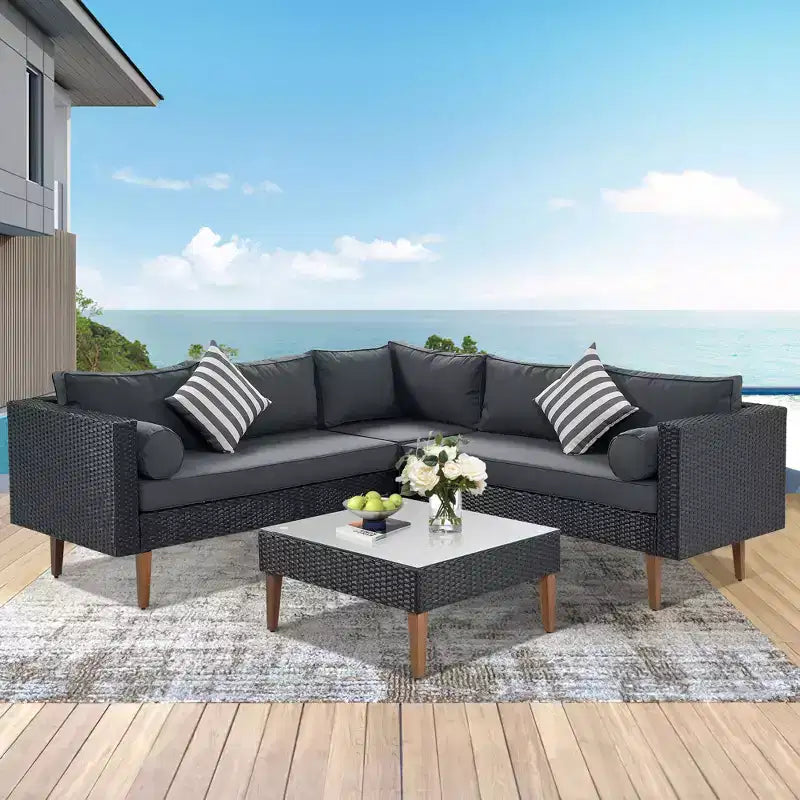 GDFStudio Landon, ensemble de conversation de 4 pièces en osier moderne pour patio, avec canapé en L, table et coussins