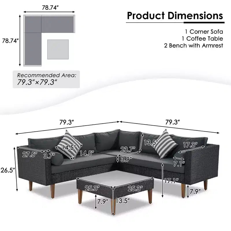 GDFStudio Landon, ensemble de conversation de 4 pièces en osier moderne pour patio, avec canapé en L, table et coussins