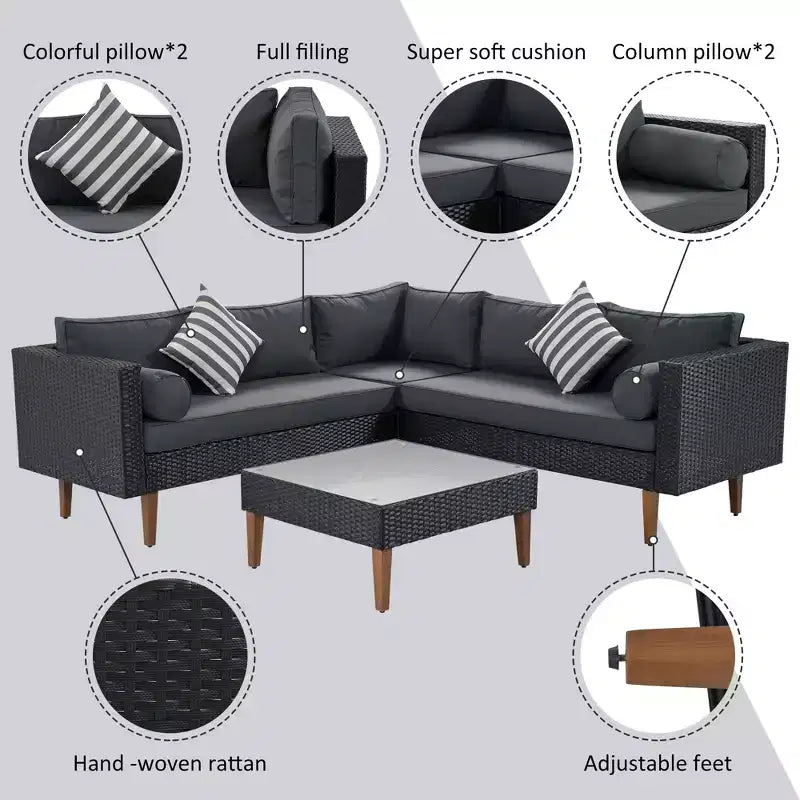 GDFStudio Landon, ensemble de conversation de 4 pièces en osier moderne pour patio, avec canapé en L, table et coussins