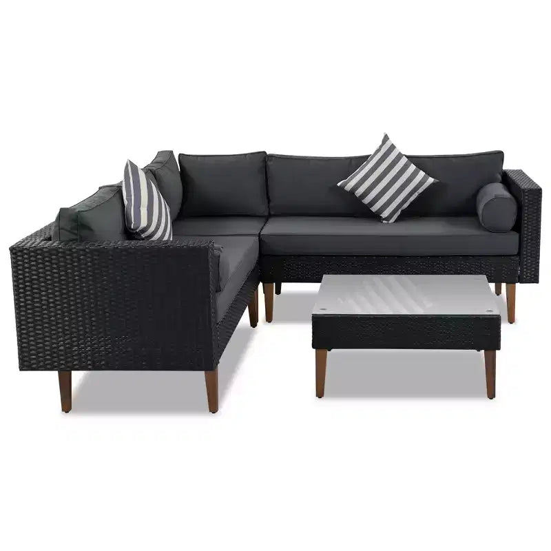 GDFStudio Landon, ensemble de conversation de 4 pièces en osier moderne pour patio, avec canapé en L, table et coussins
