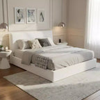 Lit plateforme rembourré Queen/King Size - Lit minimaliste élégant avec tête de lit rembourrée ergonomique, blanc - ModernLuxe