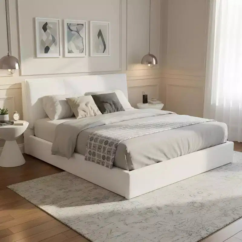 Lit plateforme rembourré Queen/King Size - Lit minimaliste élégant avec tête de lit rembourrée ergonomique, blanc - ModernLuxe