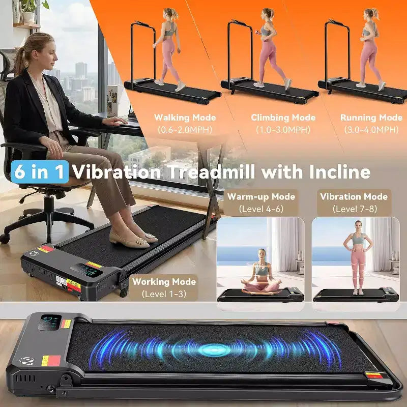 KRISRATE 6-in-1 3.5HP Walking Pad Treadmill with Vibration Plate and 12%/15% Incline, Under Desk Folding Treadmill for Home, Office