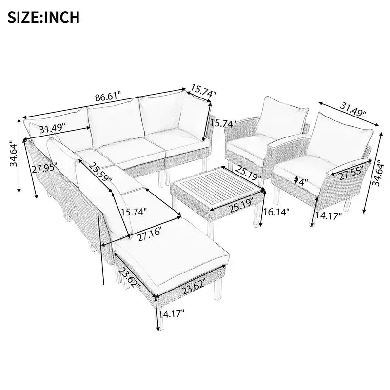 Whisen 9-Piece Patio Wicker Sectional Sofa Set, Outdoor Sofa Couch, Outdoor Conversation Set Furniture Set with Coffee Table, Washable Cushion - Gray
