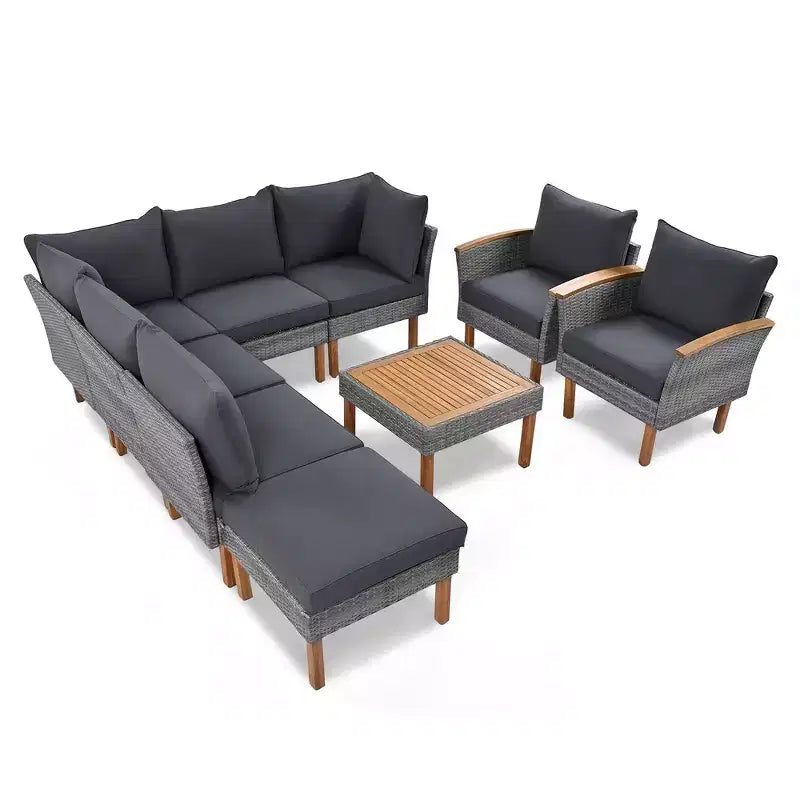 Whisen 9-Piece Patio Wicker Sectional Sofa Set, Outdoor Sofa Couch, Outdoor Conversation Set Furniture Set with Coffee Table, Washable Cushion - Gray