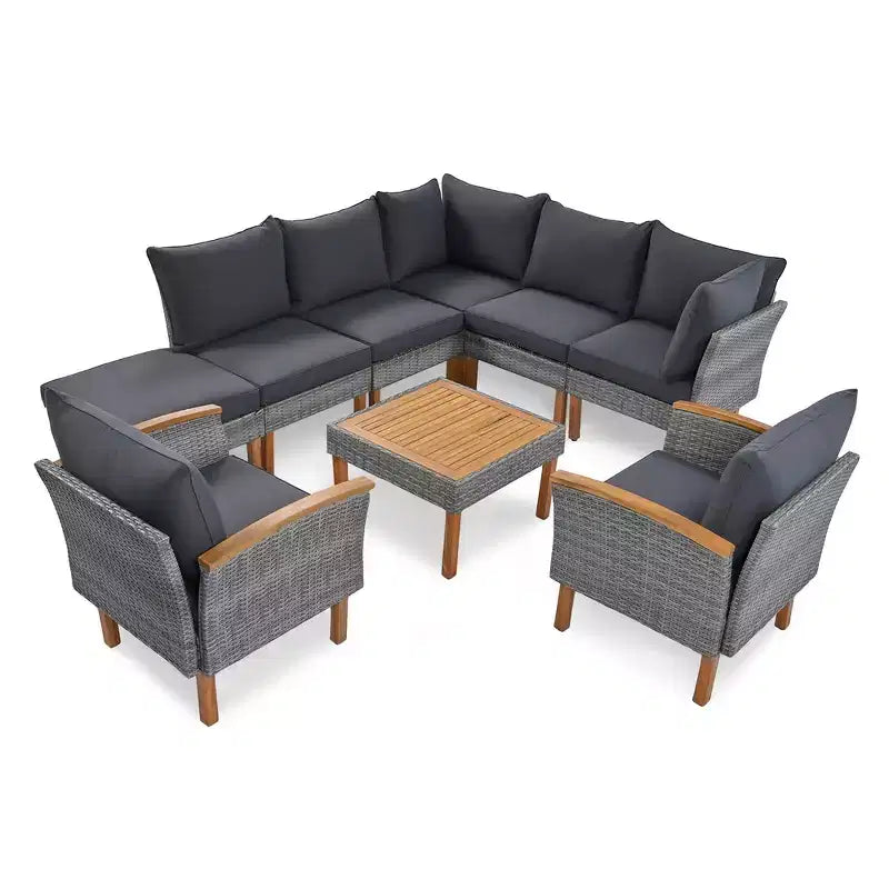Whisen 9-Piece Patio Wicker Sectional Sofa Set, Outdoor Sofa Couch, Outdoor Conversation Set Furniture Set with Coffee Table, Washable Cushion - Gray