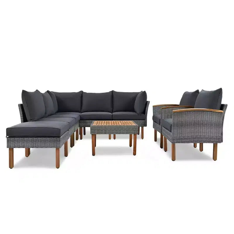 Whisen 9-Piece Patio Wicker Sectional Sofa Set, Outdoor Sofa Couch, Outdoor Conversation Set Furniture Set with Coffee Table, Washable Cushion - Gray