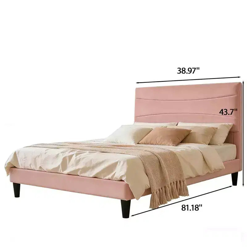 Velvet Upholstered Bed Frame with Soft Headboard, Sturdy Wood Slats, Noise-Free, Easy Assembly, No Box Spring Needed