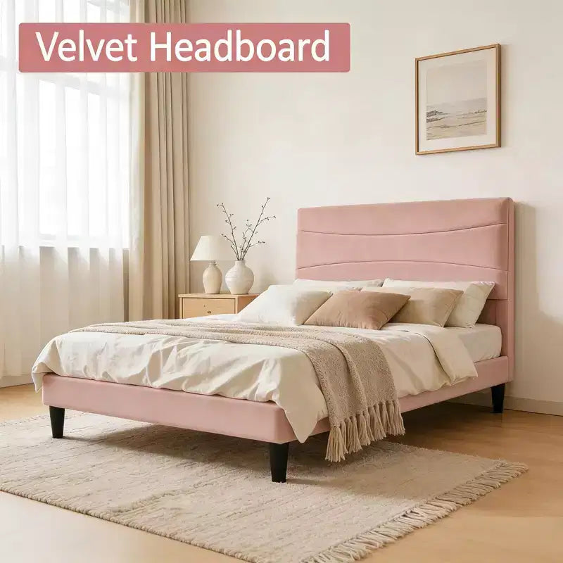 Velvet Upholstered Bed Frame with Soft Headboard, Sturdy Wood Slats, Noise-Free, Easy Assembly, No Box Spring Needed