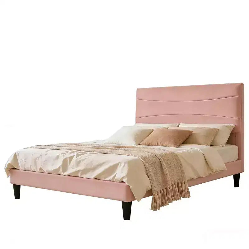 Velvet Upholstered Bed Frame with Soft Headboard, Sturdy Wood Slats, Noise-Free, Easy Assembly, No Box Spring Needed