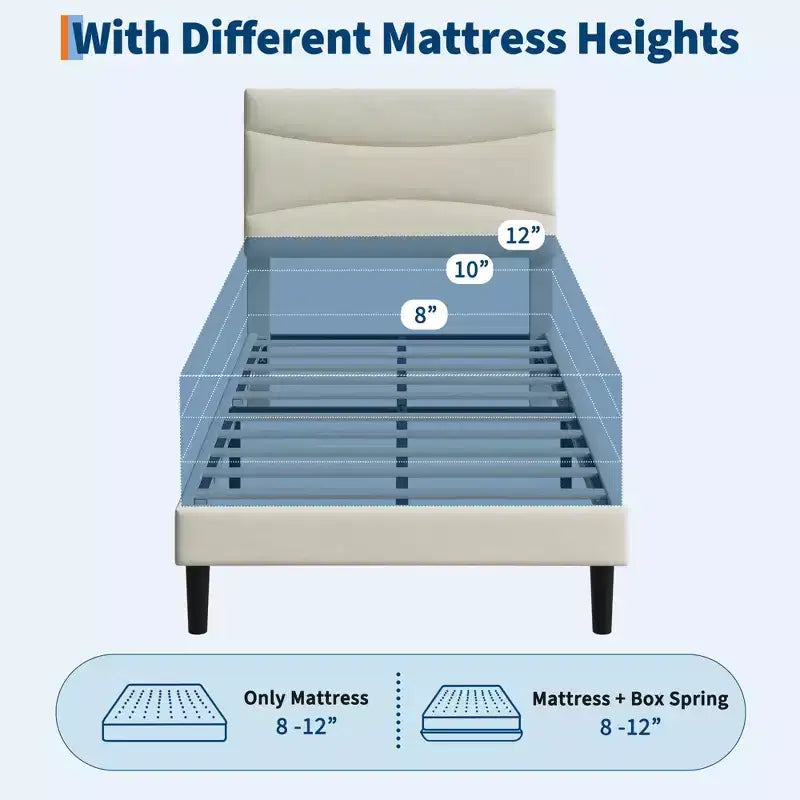Velvet Upholstered Bed Frame with Soft Headboard, Sturdy Wood Slats, Noise-Free, Easy Assembly, No Box Spring Needed