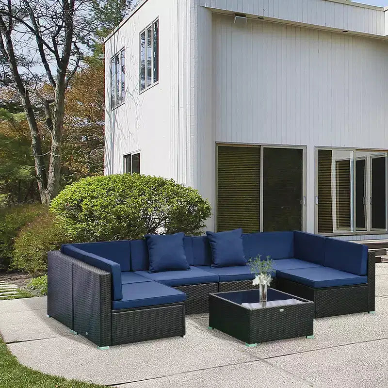 Ensemble de canapé de patio extérieur 6 pièces avec coussins, rotin synthétique résistant aux intempéries, section de canapé de 75 cm, table basse en verre pour l'extérieur