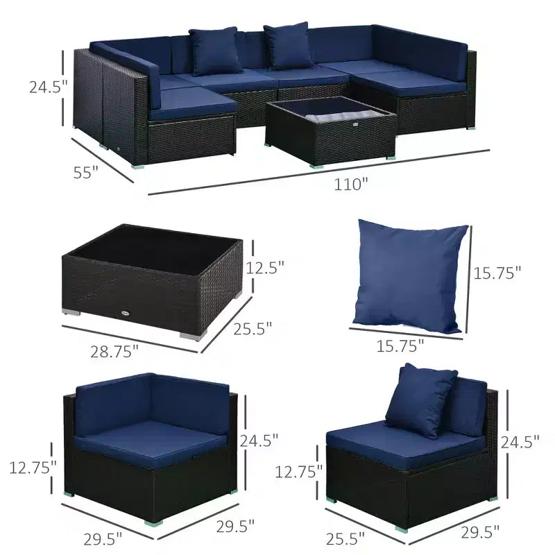 Ensemble de canapé de patio extérieur 6 pièces avec coussins, rotin synthétique résistant aux intempéries, section de canapé de 75 cm, table basse en verre pour l'extérieur
