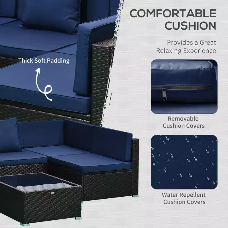 Ensemble de canapé de patio extérieur 6 pièces avec coussins, rotin synthétique résistant aux intempéries, section de canapé de 75 cm, table basse en verre pour l'extérieur