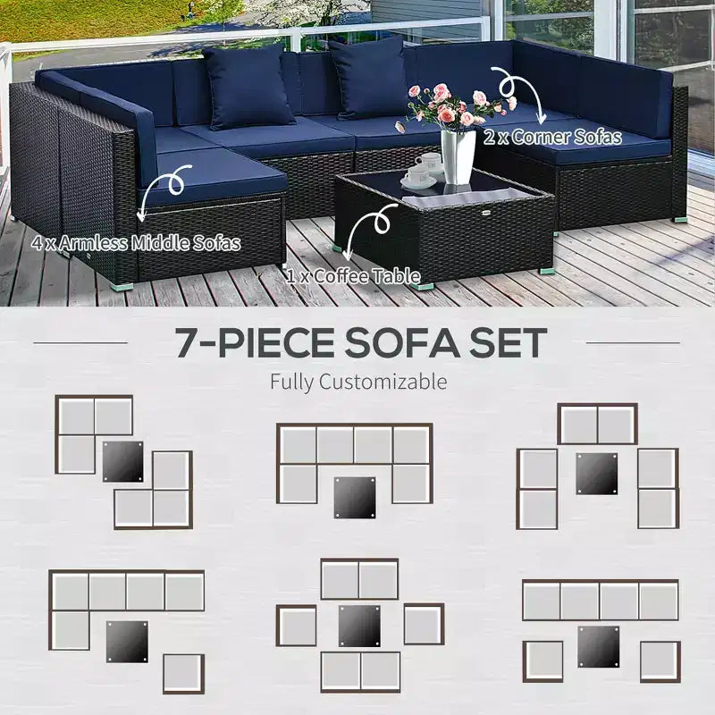 Ensemble de canapé de patio extérieur 6 pièces avec coussins, rotin synthétique résistant aux intempéries, section de canapé de 75 cm, table basse en verre pour l'extérieur