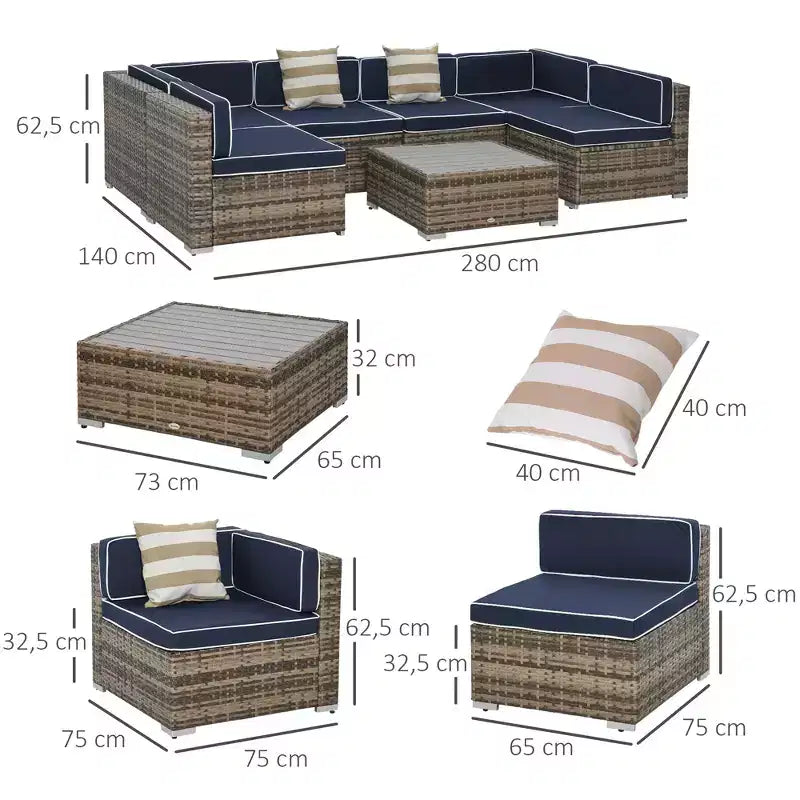 Ensemble de canapé de patio extérieur 6 pièces avec coussins, rotin synthétique résistant aux intempéries, section de canapé de 75 cm, table basse en verre pour l'extérieur