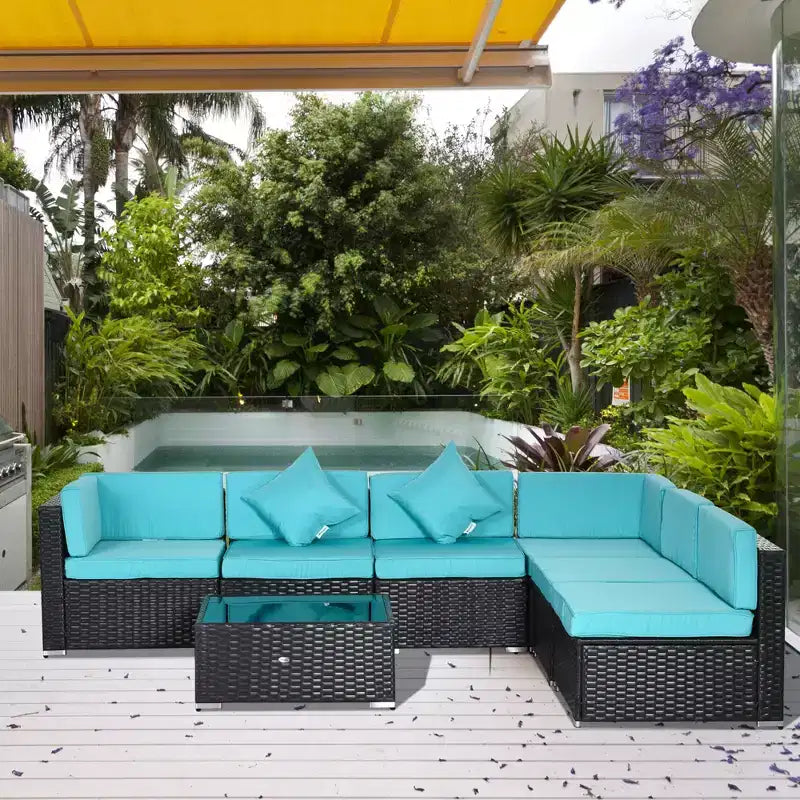 Ensemble de canapé de patio extérieur 6 pièces avec coussins, rotin synthétique résistant aux intempéries, section de canapé de 75 cm, table basse en verre pour l'extérieur