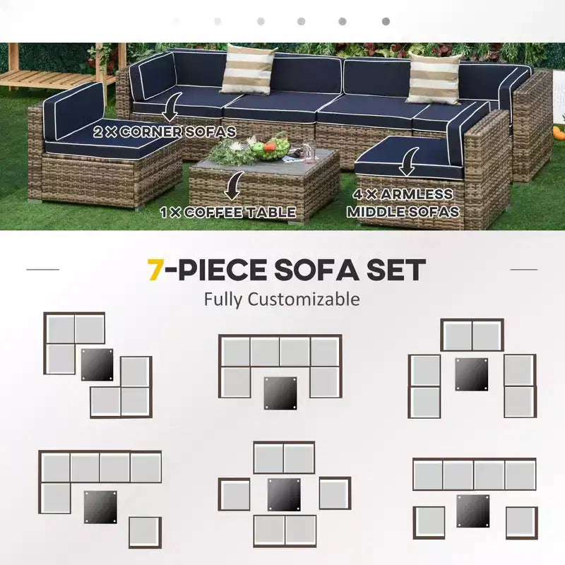 Ensemble de canapé de patio extérieur 6 pièces avec coussins, rotin synthétique résistant aux intempéries, section de canapé de 75 cm, table basse en verre pour l'extérieur