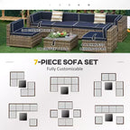 Ensemble de canapé de patio extérieur 6 pièces avec coussins, rotin synthétique résistant aux intempéries, section de canapé de 75 cm, table basse en verre pour l'extérieur
