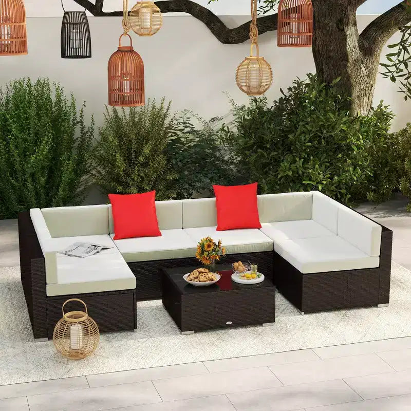 Ensemble de canapé de patio extérieur 6 pièces avec coussins, rotin synthétique résistant aux intempéries, section de canapé de 75 cm, table basse en verre pour l'extérieur