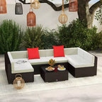 Ensemble de canapé de patio extérieur 6 pièces avec coussins, rotin synthétique résistant aux intempéries, section de canapé de 75 cm, table basse en verre pour l'extérieur