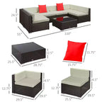 Ensemble de canapé de patio extérieur 6 pièces avec coussins, rotin synthétique résistant aux intempéries, section de canapé de 75 cm, table basse en verre pour l'extérieur