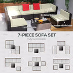 Ensemble de canapé de patio extérieur 6 pièces avec coussins, rotin synthétique résistant aux intempéries, section de canapé de 75 cm, table basse en verre pour l'extérieur