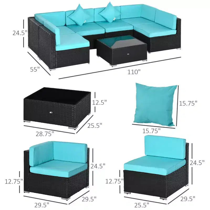 Ensemble de canapé de patio extérieur 6 pièces avec coussins, rotin synthétique résistant aux intempéries, section de canapé de 75 cm, table basse en verre pour l'extérieur