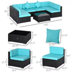 Ensemble de canapé de patio extérieur 6 pièces avec coussins, rotin synthétique résistant aux intempéries, section de canapé de 75 cm, table basse en verre pour l'extérieur