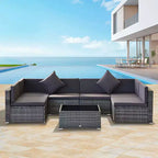 Ensemble de canapé de patio extérieur 6 pièces avec coussins, rotin synthétique résistant aux intempéries, section de canapé de 75 cm, table basse en verre pour l'extérieur
