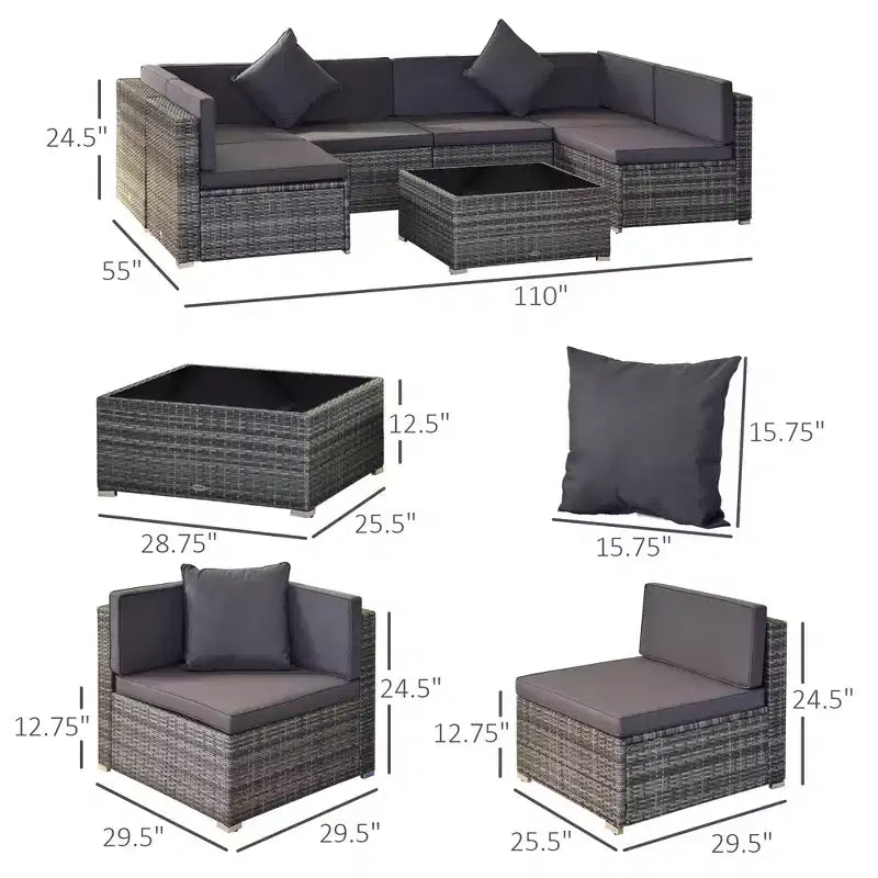 Ensemble de canapé de patio extérieur 6 pièces avec coussins, rotin synthétique résistant aux intempéries, section de canapé de 75 cm, table basse en verre pour l'extérieur