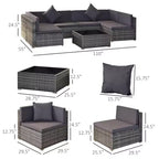 Ensemble de canapé de patio extérieur 6 pièces avec coussins, rotin synthétique résistant aux intempéries, section de canapé de 75 cm, table basse en verre pour l'extérieur
