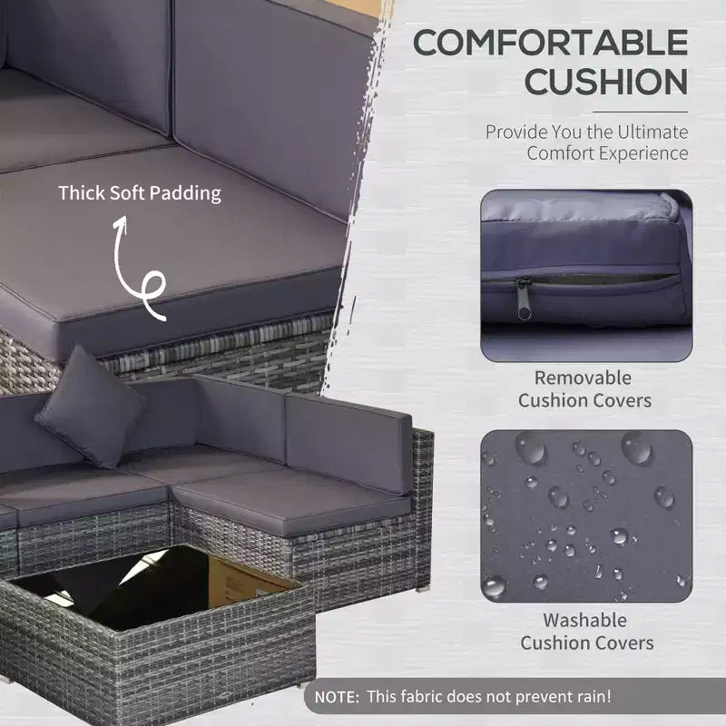 Ensemble de canapé de patio extérieur 6 pièces avec coussins, rotin synthétique résistant aux intempéries, section de canapé de 75 cm, table basse en verre pour l'extérieur