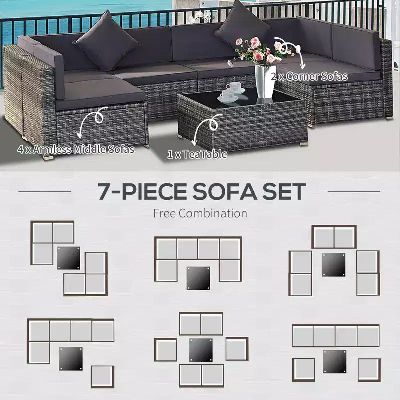 Ensemble de canapé de patio extérieur 6 pièces avec coussins, rotin synthétique résistant aux intempéries, section de canapé de 75 cm, table basse en verre pour l'extérieur