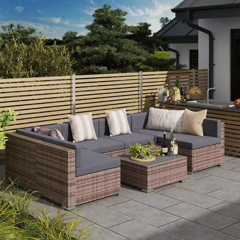 Ensemble de canapé de patio extérieur 6 pièces avec coussins, rotin synthétique résistant aux intempéries, section de canapé de 75 cm, table basse en verre pour l'extérieur