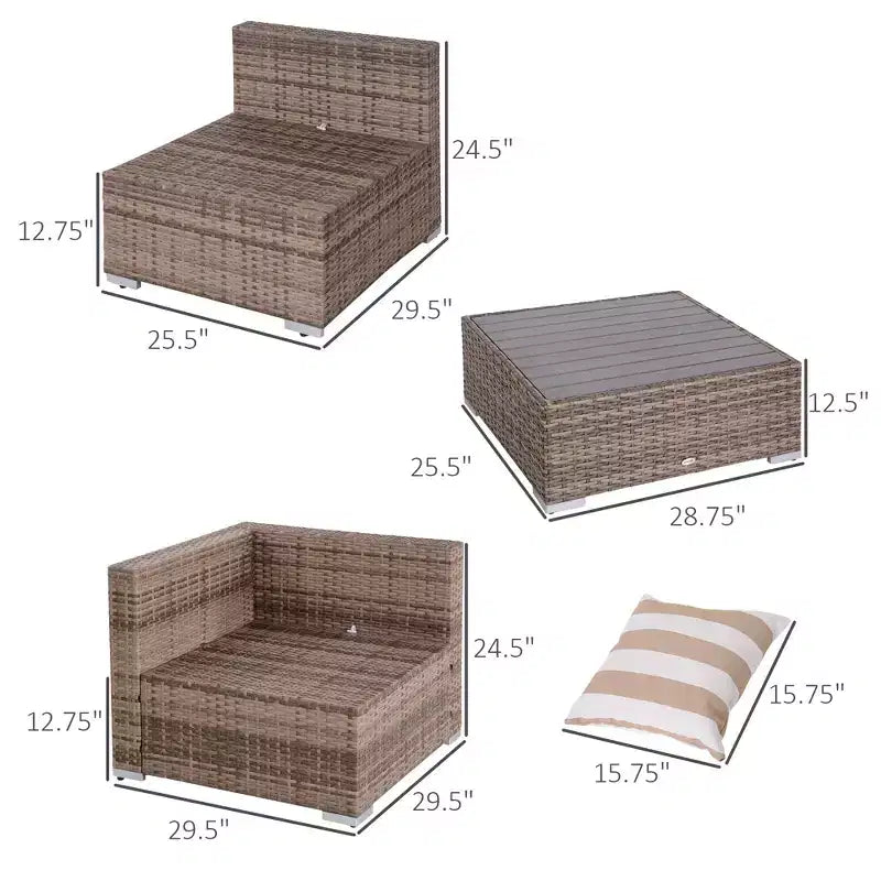 Ensemble de canapé de patio extérieur 6 pièces avec coussins, rotin synthétique résistant aux intempéries, section de canapé de 75 cm, table basse en verre pour l'extérieur
