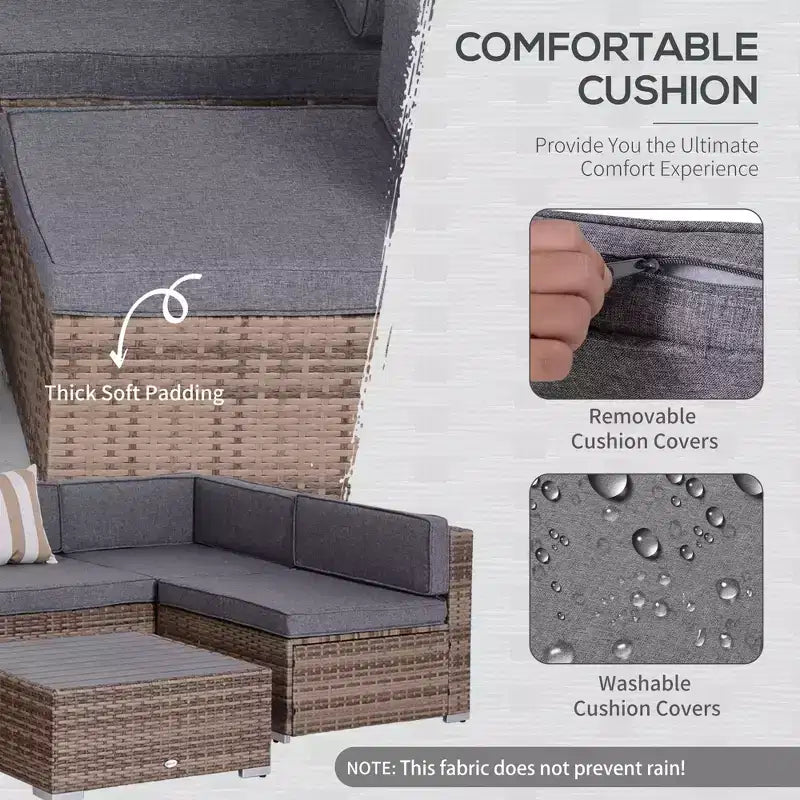 Ensemble de canapé de patio extérieur 6 pièces avec coussins, rotin synthétique résistant aux intempéries, section de canapé de 75 cm, table basse en verre pour l'extérieur