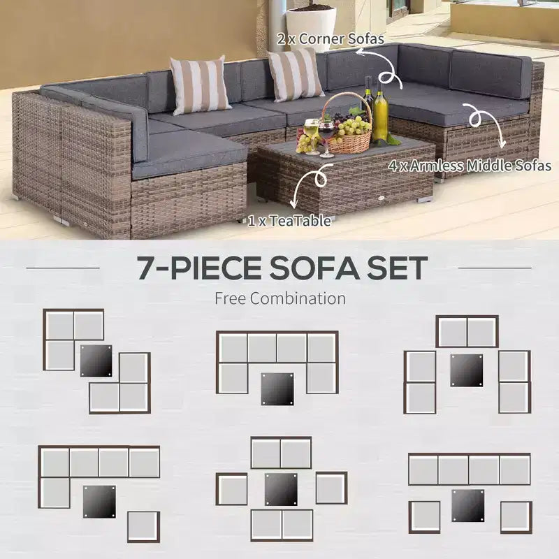 Ensemble de canapé de patio extérieur 6 pièces avec coussins, rotin synthétique résistant aux intempéries, section de canapé de 75 cm, table basse en verre pour l'extérieur