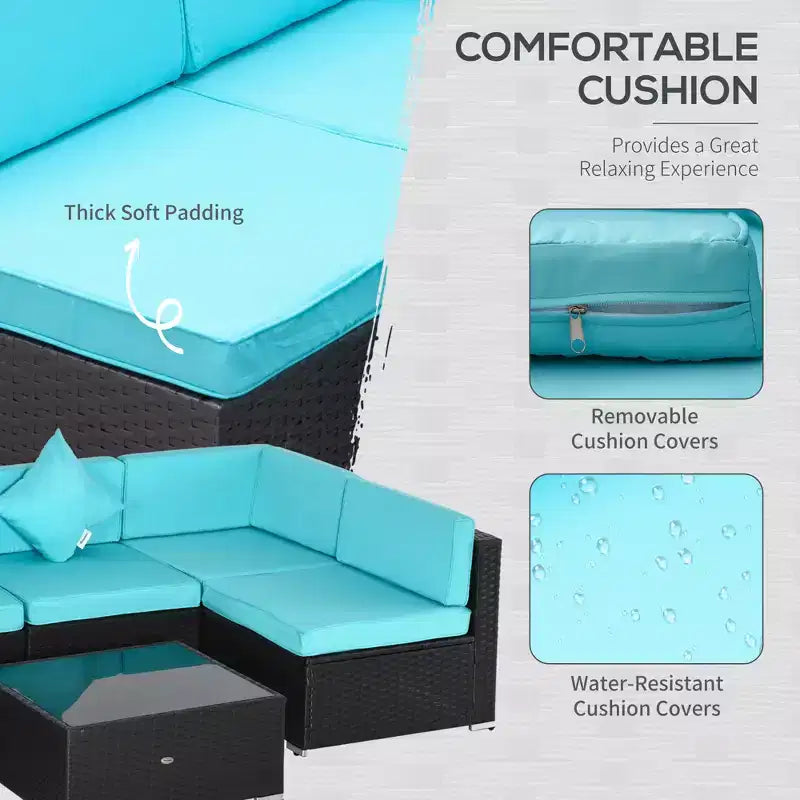 Ensemble de canapé de patio extérieur 6 pièces avec coussins, rotin synthétique résistant aux intempéries, section de canapé de 75 cm, table basse en verre pour l'extérieur