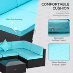 Ensemble de canapé de patio extérieur 6 pièces avec coussins, rotin synthétique résistant aux intempéries, section de canapé de 75 cm, table basse en verre pour l'extérieur