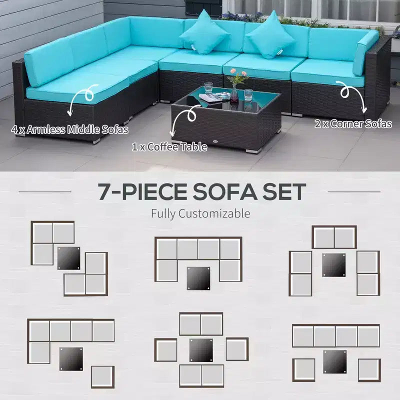 Ensemble de canapé de patio extérieur 6 pièces avec coussins, rotin synthétique résistant aux intempéries, section de canapé de 75 cm, table basse en verre pour l'extérieur