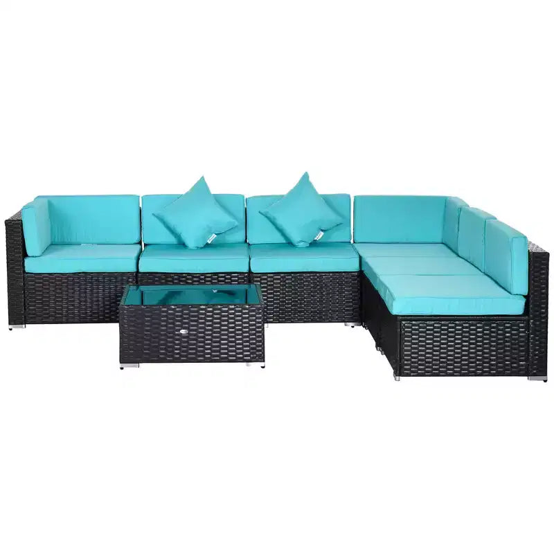 Ensemble de canapé de patio extérieur 6 pièces avec coussins, rotin synthétique résistant aux intempéries, section de canapé de 75 cm, table basse en verre pour l'extérieur