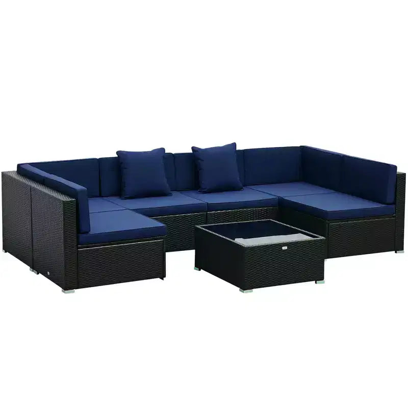 Ensemble de canapé de patio extérieur 6 pièces avec coussins, rotin synthétique résistant aux intempéries, section de canapé de 75 cm, table basse en verre pour l'extérieur