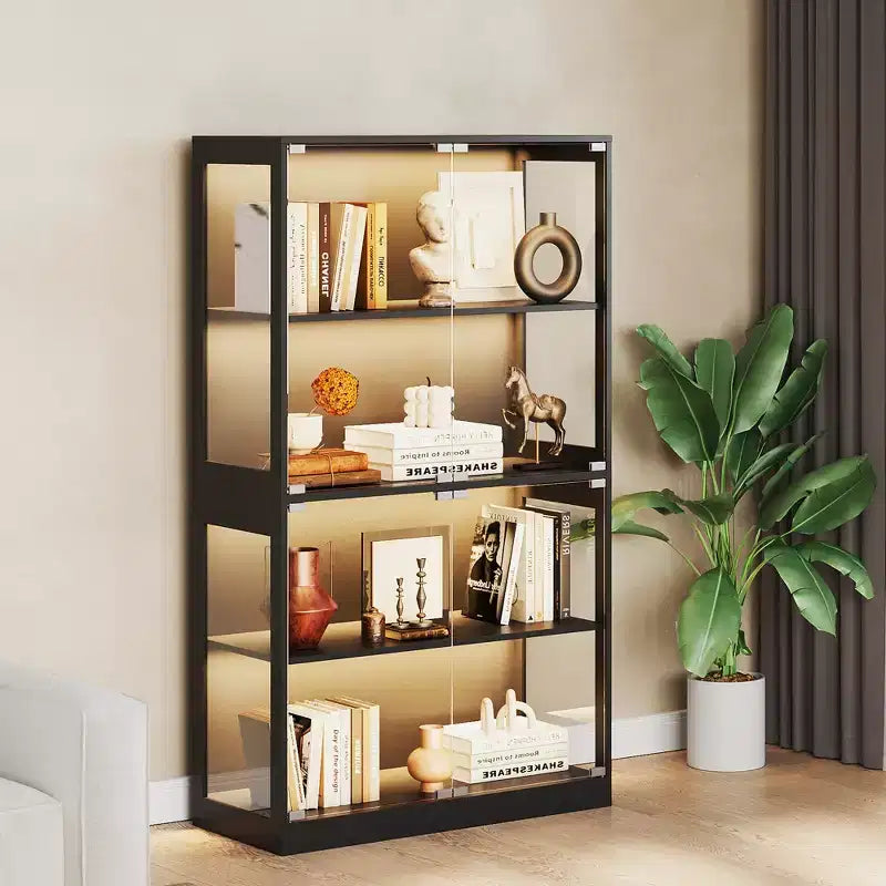 Vitrine en verre à 4 niveaux GustoWave, vitrine noire avec portes en verre, étagère de rangement pour objets de collection, salon