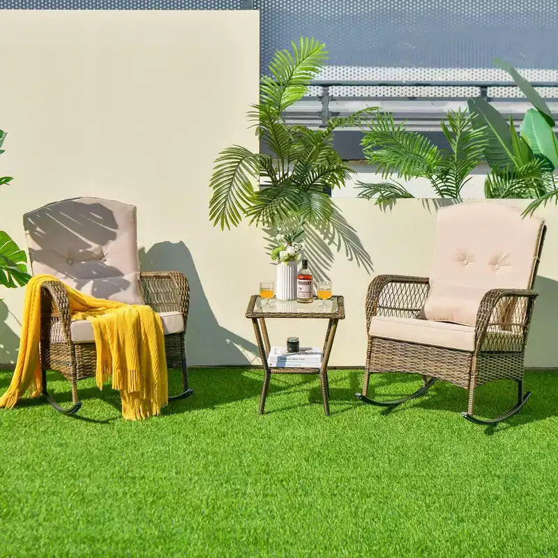 Outdoor Wicker Rocking Chairs Set of 2 , Rattan Patio Rocker Chairs with Cushions and Pillows, Garden Conversation Sofa for Porch, Decking